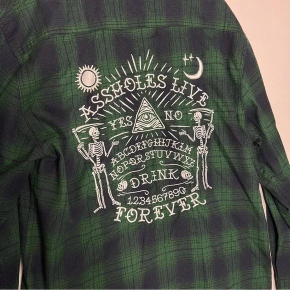 A**Holes Live Forever Green Blue Plaid Long Sleeve Mens Embroidered Shirt XXXL - Picture 7 of 10